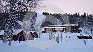 Winter evening in Are Valadalen Fjallstation in Jamtland in Sweden