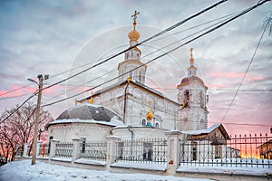 Winter evening view at sunset with a beautiful sky old Russian city Golden ring Vladimir