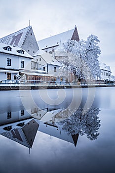 Winter evening in waterfront of historical city Ceske Budejovice in the Czech Republic