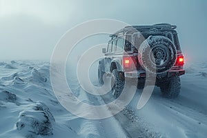 Winter expedition through the snow-clad wilderness in a rugged 4x4 vehicle at dusk. Generative AI