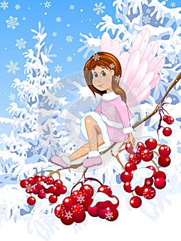 Winter fairy baby on a viburnum branch. Winter viburnum fairy baby