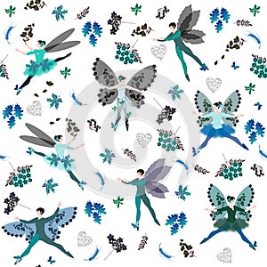 Winter fairy ballet. Seamless pattern with beautiful winged dancers, flowers, and leaves in cold tones