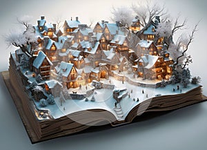 winter fairy story coming to life on the pages of a magical open book with a snow covered village surrounded by trees
