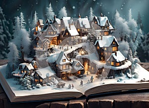 winter fairy story coming to life on the pages of a magical open book with a snow covered village surrounded by trees