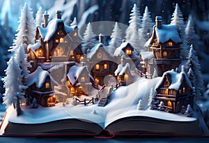 winter fairy story coming to life on the pages of a magical open book with a snow covered wooden village surrounded by trees