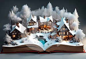 winter fairy story coming to life on the pages of a magical open book with a snow covered wooden village surrounded by trees