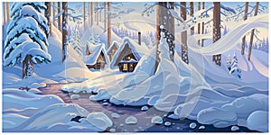 Winter fairy tale landscape, with fabulous houses in a winter snowy forest