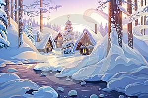 Winter fairy tale landscape, with houses and festive christmas fir tree