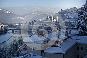 Winter fairy tale, old town of Salzburg with castle