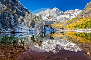 Winter and Fall foliage at Maroon Bells, CO