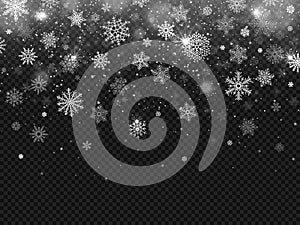 Winter falling snow. Snowflakes fall, christmas decorations snowflake and snowed snowstorm isolated vector background