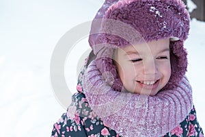 Winter, family, childhood concepts - close-up portrait authentic little preschool minor 3-4 years girl in pink hat look