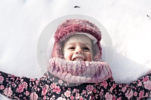 Winter, family, childhood concepts - close-up portrait authentic little preschool minor girl in pink clothes smile laugh