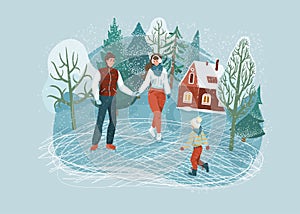Winter family pastime. People skating at the rink. Happy man and woman holding hands. Season christmas, new year holiday