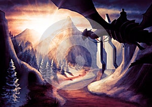 Winter fantasy landscape with a dragon with big wings and a knight  with big mountains  with an icy river
