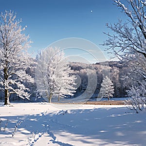 Winter farmland scenery landscape under snow with trees on background. Winter landscape with snow covered countryside.