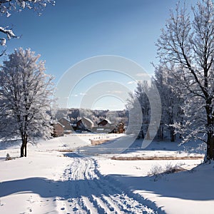 Winter farmland scenery landscape under snow with trees on background. Winter landscape with snow covered countryside.