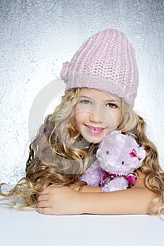 Winter fashion cap little girl hug teddy bear