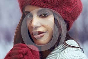 Winter, fashion and portrait of woman with gloves for style with turtle neck, face and cozy with closeup. Female person