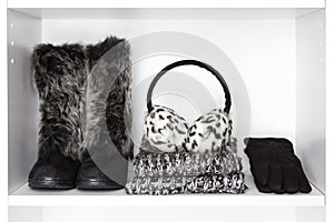 Winter fashion women accessories on white shelf