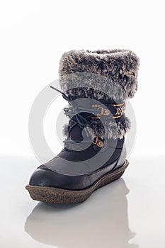 Winter female boot with fur isolated over white