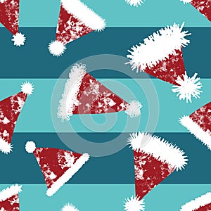 Winter festive Christmas seamless Santa hat and mittens gloves pattern for new year wrapping paper and kids
