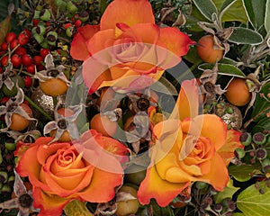 Winter festive floral arrangement. Flame colour roses, berries, greenery and leaves. Detail.