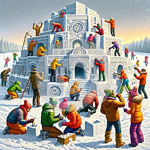 Winter Festivity in Living Color: Group Building a Snow Fort
