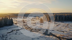 Winter Field In Rural Finland: Scenic 32k Uhd Image With Frozen River