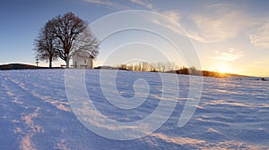 Winter field witn chapel - panorama rural landscape