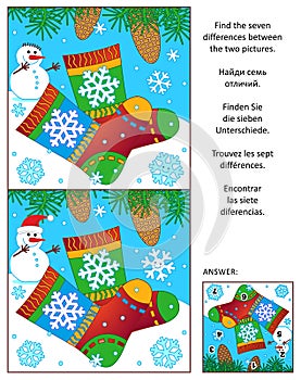 Winter find the differences picture puzzle with knitted socks