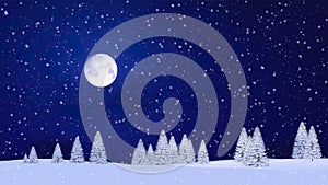 Winter fir tree forest and moon at snowfall night