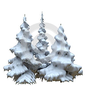 Winter fir trees under the snow isolated on white background 3d illustration