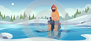 Winter fishing background. Fisherman with rod sitting on ice and fishing exact vector template