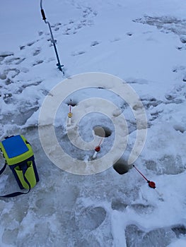 Winter fishing on a frozen river. Winter fishing on the Vyatka river. January 2019.