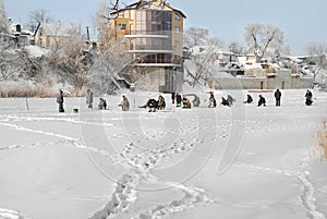 Winter fishing river Samara, Ukraine.