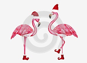 Winter flamingo in Santa hat and shoes. Christmas design for cards, backgrounds, fabric, wrapping paper. Merry Christmas