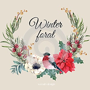 Winter floral blooming wreath frame elegant for decoration vintage beautiful, creative watercolor vector illustration design