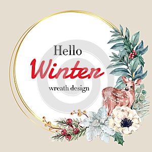 Winter floral blooming wreath frame elegant for decoration vintage beautiful, creative watercolor vector illustration design