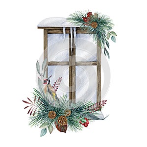 Winter floral scene watercolor illustration. Season festive decoration with vintage snowy window and floral arrangement.