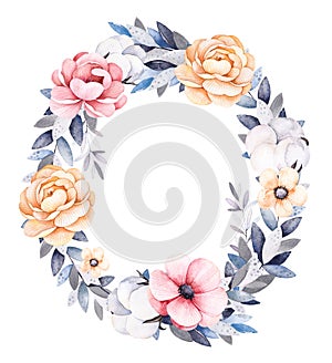 Winter floral wreath with branches,cotton plants,flowers