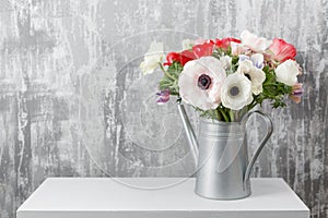 Winter flowers. Anemones in a vase watering can standing on a wooden table. On the background old gray wall art. copy