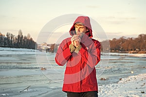 Winter flu. Flu and cold. love winter nature. man in red parka. winter male fashion. warm clothes for frost. chill