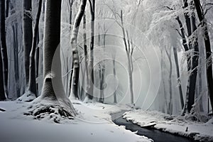 Winter fog adds an enchanting mystique to the serene beech forest