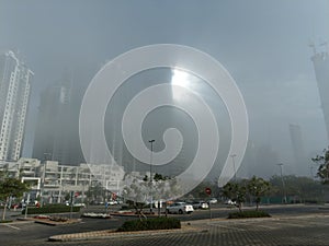 winter fog under cover business bay in Dubai