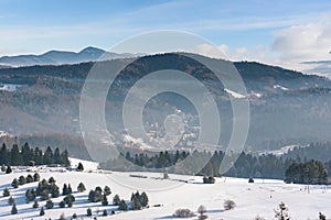 Winter foggy landscape of Beski Sadecki mountain range