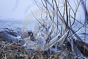 Winter forest with amazing river at sunset. Winter landscape with snowy trees, ice, beautiful frozen river, snowy bushes, colorful