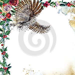 Winter forest animal Christmas watercolor backgroun. Wild owl illustration