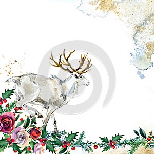 Winter forest animal Christmas watercolor backgroun. Wild reindeer illustration