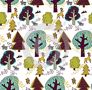 Winter forest and animal seamless pattern.